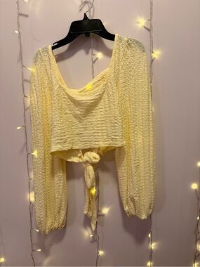 SHEIN Pale Yellow Textured Tie-Front Long Sleeve Crop Top